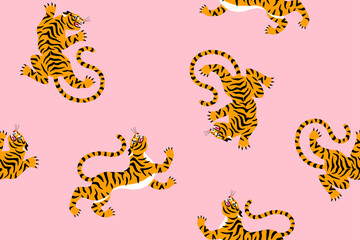 Seamless pink exotic pattern with cute cartoon tiger silhouettes. Vector illustration. Circus animal fabric ornament print. © kotoffei