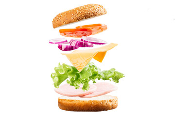 ham sandwich snack burger with ingredients separately