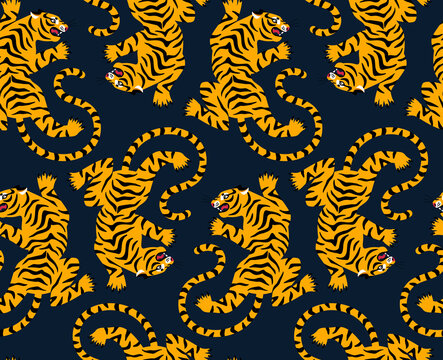 Seamless exotic pattern with cartoon roar tiger silhouette on black background. Vector illustration. Circus animal fabric ornament print.
