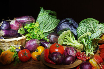 Different types of cabbage, eggplant and other vegetables on a dark background.