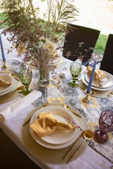 Beautiful decorative festive table setting. top view
