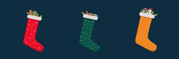Set of Christmas socks with gifts inside. Can be used to create your own Christmas designs for brochures, posters, posters.