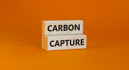 Time to carbon capture symbol. Wooden blocks with words 'Carbon capture'. Beautiful orange...