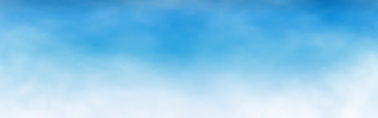 Poster Hemelachtergrond breed. Realistische witte wolken. Zomer blauwe hemel banner. Licht bewolkte textuur. Zonnig dagconcept. vector illustratie © Vegorus