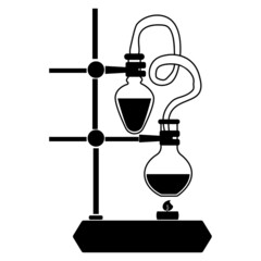 Tripod silhouette with flasks and heating, laboratory research or experiment