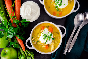 Bowls of Chicken Mulligatawny Soup: Indian curried chicken soup with vegetables and apples...