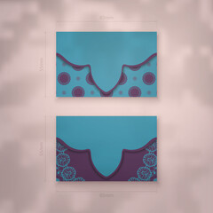 Business card template in turquoise color with a luxurious purple pattern for your contacts.