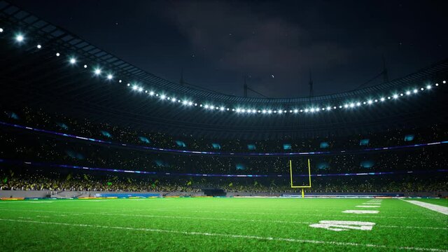 American football night stadium with fans iilluminated by spotlights waiting game. High quality 4k footage