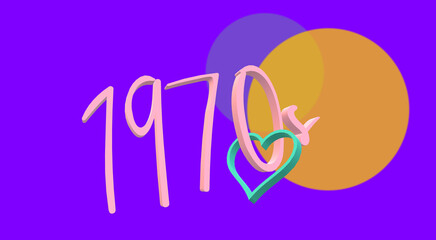 LOVE. PASSION for the 70s. Nineteen-seventies. One thousand nine hundred seventy. Heart inserted in the text. Cross design elements. Retro toned style. 3D ILLUSTRATION. Mild mauve color fund.