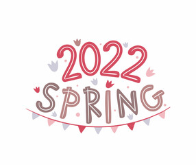 Spring 2022 logo with hand drawn tulips and garland. Seasons emblem for the design of calendars, seasons postcards, diaries. Doodle Vector illustration isolated on white background.