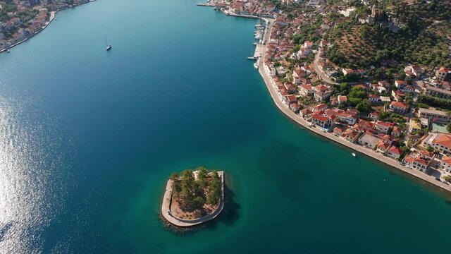 Drone view of Vathi port and Lazareto island in Ithaca Greece
