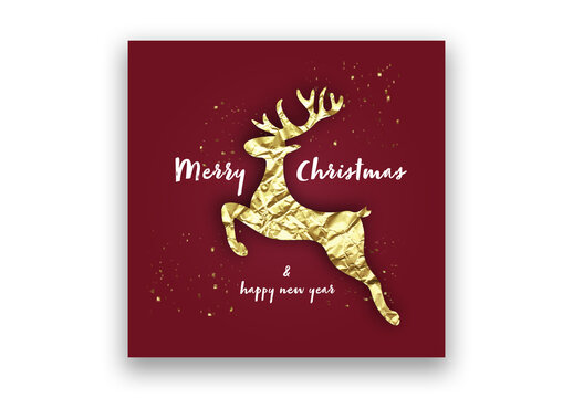 Minimalist Red Christmas Card with Gold Reindeer Design