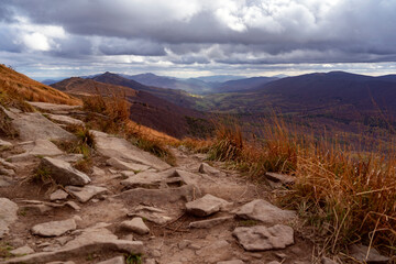 Amazing colours of autumn in Bieszczady mountains (Podkarpacie, Poland). Hiking Trail called Połonina Wetlińska