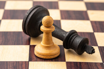 White pawn and lying black king on a chessboard