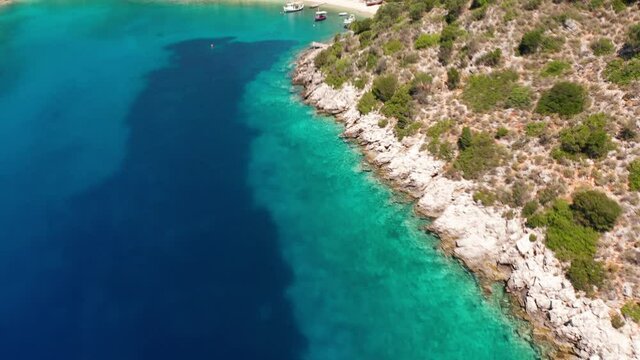 Drone view of exotic turquoise sea at Sarakiniko port in Ithaca Greece