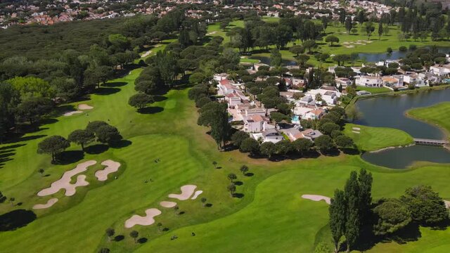 Aerial flyover of golf course in the South of France