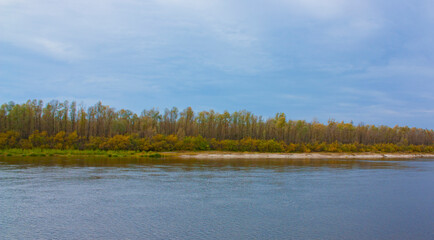 Autumn view of the river bank with yellow and green trees. Beautiful autumn forest on the river bank.
