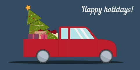 Vector illustration of a red car with a Christmas tree and gifts. Can be used to create Christmas designs for brochures, cards, posters, flyers.