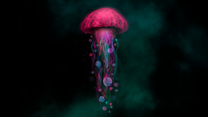 Abstract fantasy neon jellyfish on a black background. Marine jellyfish, colorful neon. 3D illustration.  © MiaStendal