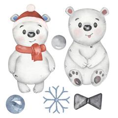 Cute Baby Bear Clipart, Watercolor Arctic White Animal illustration, Winter kids birthday party, Christmas card, baby shower, textile printing