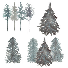 Obraz premium Forest tree Clipart, Watercolor Woodland trees, Winter Foggy landscapes, Pine forest illustration, Wedding invites, card making, logo design