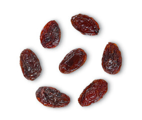 Top view of dried raisins isolated on white background.