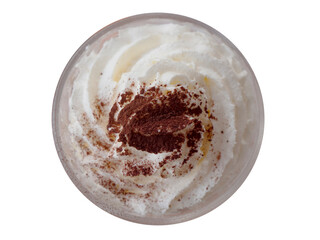 Whipped cream with chocolate powder isolated on white background, circle shape