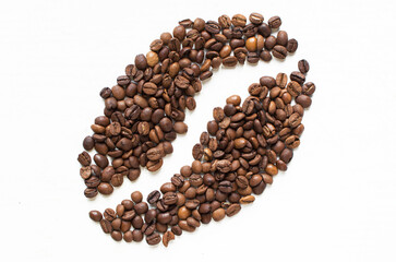 grain of coffee from coffee beans on a white background. Coffee time. kind of sveru. flat lay. space for inspirational text.
