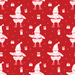 Holiday Seamless pattern with cute Santa Claus and gift boxes on red background. Vector Christmas doodle pattern.