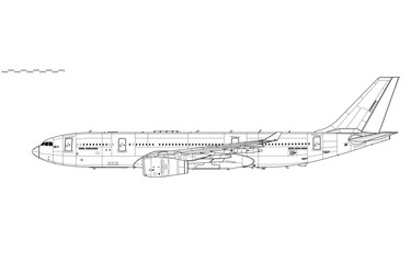 Airbus Voyager KC3. A330MRTT. Vector drawing of aerial refueling tanker and transport aircraft. Side view. Image for illustration and infographics. - obrazy, fototapety, plakaty