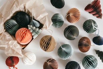 Scandinavian christmas paper honeycomb ornaments. Modern christmas decoration, minimalist and...