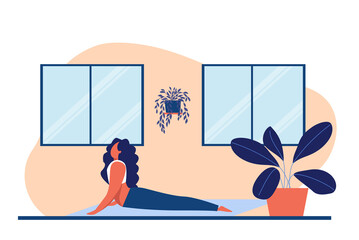 Girl in yoga posture and meditating. Spiritual and physical practice. Aerobics exercise and morning meditation vector illustration.