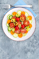 Vegetable slicing of seasonal vegetables on plate on gray-blue background. Studio Photo.