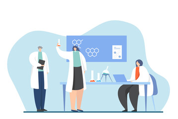 group of scientists work in laboratory. research lab, virus and blood researches. cartoon men and women scientist characters work in laboratory vector illustration.