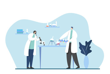 group of scientists work in laboratory. research lab, virus and blood researches. cartoon men and women scientist characters work in laboratory vector illustration.
