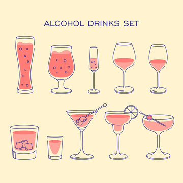 Big set of glassware alcoholic drinks. Illustration isolated. Flat design style with color fill. Beer champagne wine whiskey martini tequila cocktails