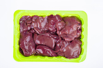 Offal, liver. Chicken liver on white background. Studio Photo.
