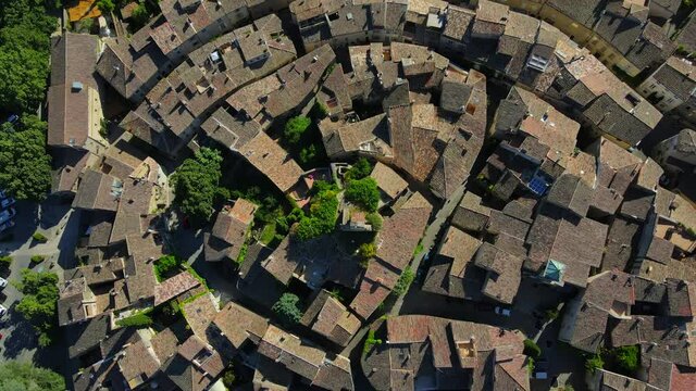 Aerial fly over of the village of Lourmarin in the south of france