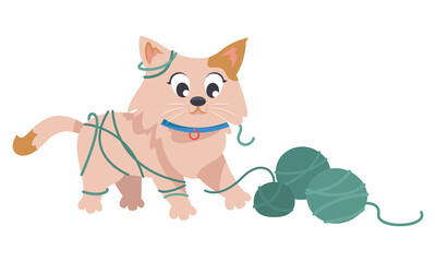 Domestic cat playing with balls of thread. Pet in cartoon style