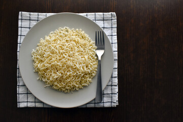 Instant noodles with a fork on a plate.  Copy space is on the right side. 