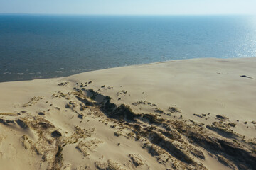 Panoramic aerial view of the golden sand dunes of the Curonian Spit. Baltic Sea coastline, forest belt.