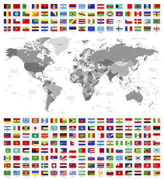 Detailed map of the world and flags of all countries.