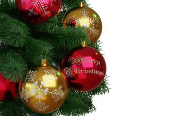 Red and golden christmas balls on christmas tree isolated on white background. 3d illustration.