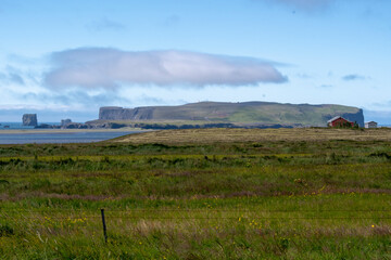 Grassy landscape with mountains water and meadow near the Black Sand Beach Vik South Iceland