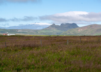 Fototapeta premium Grassy landscape with mountains water and meadow near the Black Sand Beach Vik South Iceland