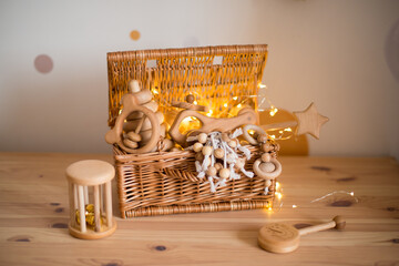 wooden toys, eco-friendly toys, toys for children made of wood, a set of toys made of wood on a...