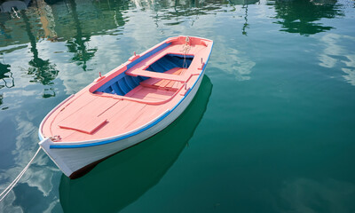 Cute pink wooden boat on the water at the dock
