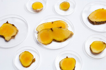 Phlai slices, Cassumumr ginger or zingiber montanum on white background.