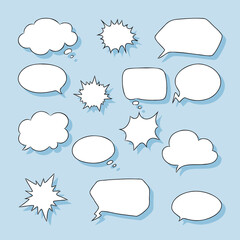 White speech bubbles with shadow on light blue background. Vector illustration