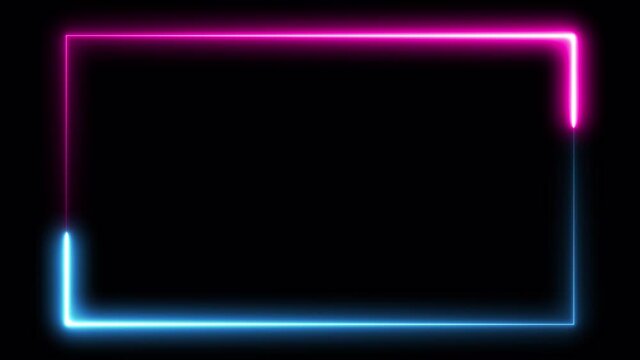 Abstract seamless looped neon frame animation background. Blue purple neon light line running on black. Glowing rectangle frame with empty space for logo or text. Alpha channel included.